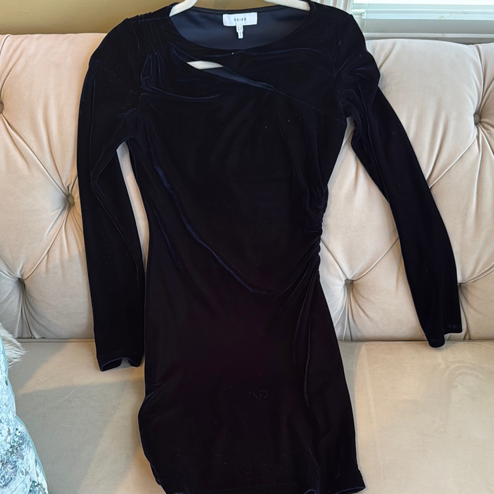 Reiss Black Asymmetrical Long Sleeve Sheath Dress